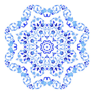 印度圆装饰 千变万化的花卉图案 曼陀罗。在俄罗斯的 gzhel 样式和颜色的设计
