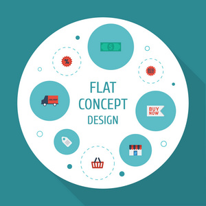 平面图标店 标签 现金和其他向量元素。存储平面图标符号集还包括篮子，大，标签对象