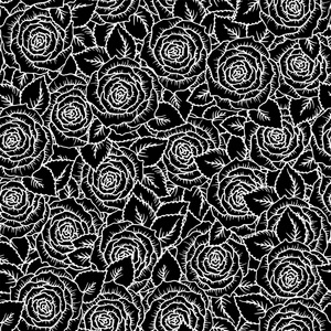 美丽的黑色和白色无缝图案玫瑰与轮廓。手绘轮廓线和中风。草绘雕刻风格单色花朵和叶子。错综复杂的浪漫的背景装饰