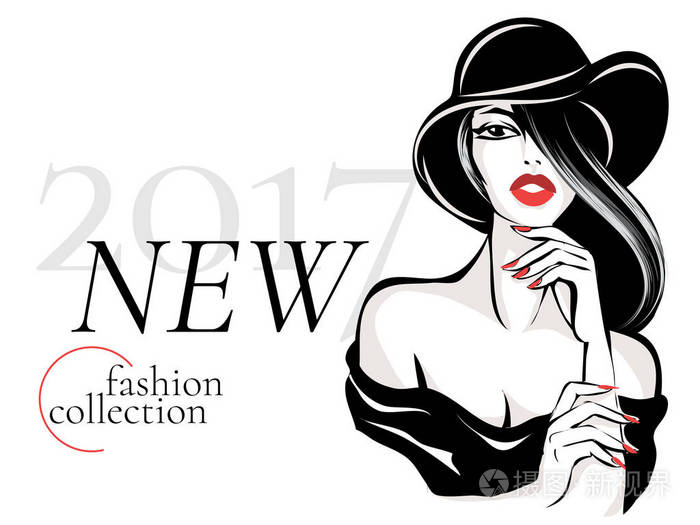 黑色和白色新时尚集合广告与美丽的女人模型肖像，鞋面风格黑发，红红的嘴唇，手绘矢量图