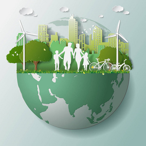 绿色可再生能源生态技术节能环保概念，家庭父男孩女孩在城市公园行走在上