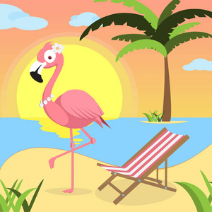 夏季背景与粉红色火烈鸟和红白色躺椅，海滩在夕阳与波 云层和棕榈树上的境域。海边查看海报。矢量图。平面设计