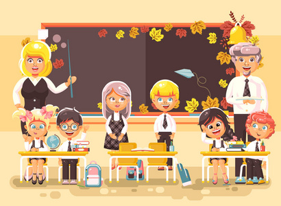 回到学校卡通人物男生女生学生学徒教师坐在课堂中的学习主食与教科书上背景黑板平面样式矢量图