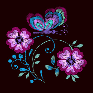 玫瑰与蝴蝶刺绣多彩的花卉图案。向量在黑色背景上的传统民间花艺设计
