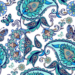 神奇花卉无缝点缀装饰蝴蝶。复古花无缝点缀在蓝色的颜色。织物，纺织，包装纸装饰背景