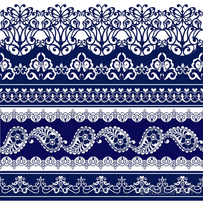 组花边波西米亚无缝边框蓝色的花卉图案佩斯的条纹织物纺织包装纸装饰