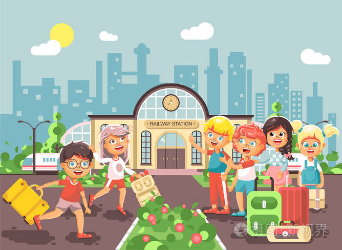 矢量图卡通人物迟到的男孩和女孩跑来向孩子们站在火车站建筑用袋及