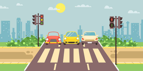 矢量图的路边卡通风景与巷道, 道路, 人行道和过境平面样式城市背景