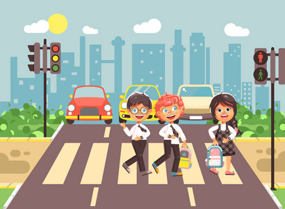 矢量图卡通人物儿童,遵守交通规则,男孩和女孩学童同学去道行人专用区