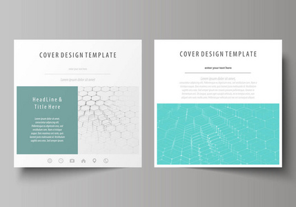 广场的业务模板设计小册子 传单 报告。小叶封面 抽象矢量布局。化学模式，六角形分子结构上蓝色。医学 科学 技术的概念