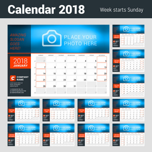 2018 年的日历日程备忘录。矢量设计模板与照片的地方。上周日的周开始。与周数的日历网格。组的 12 个月