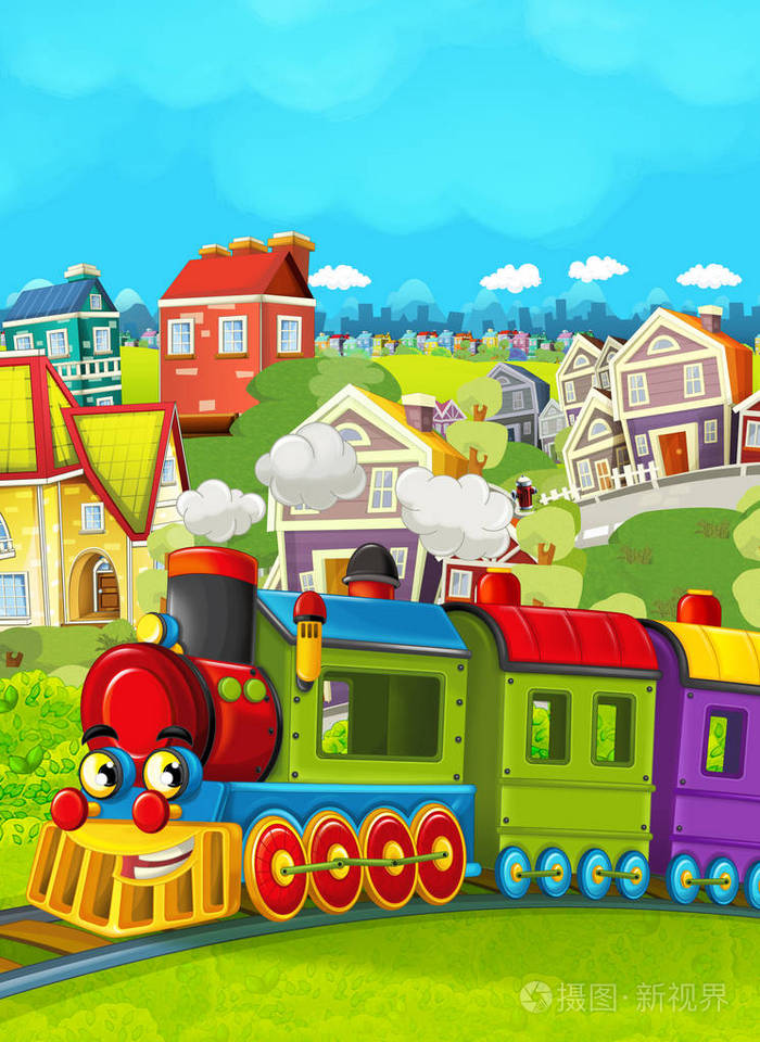 卡通火车场景在草地上