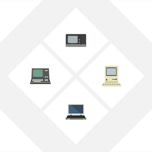 平面图标笔记本电脑集技术 老式硬件 笔记本和其他矢量对象。此外包括计算机 复古 笔记本电脑元素