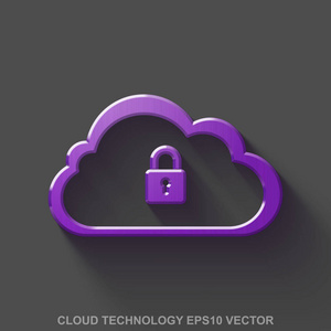 金属平云技术的 3d 图标。紫色光泽金属云用挂锁灰色背景。10，Eps 矢量