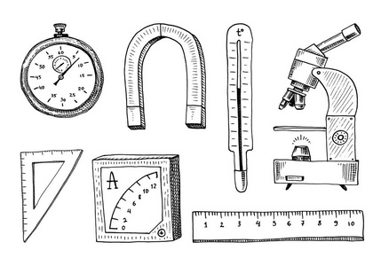 指南针和磁铁，alpelmet 与温度计和显微镜。刻的手绘在旧素描和老式符号计算物理中回到学校科学元素和实验室实验