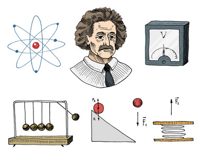 原子和电压表与永恒的运动 电路和图。刻的手绘在旧的素描和老式符号。计算物理回到学校科学元素和实验室实验