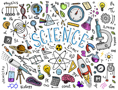 刻的手绘在旧素描和复古的风格。科学公式和计算在物理和数学 化学和生物学或天文学在白板上。教育和科学