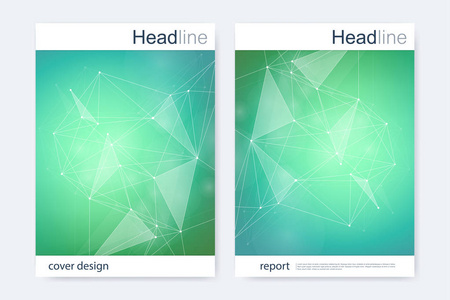 科学的宣传册设计模板。矢量海报布局 分子结构与连接的线和点。科学模式原子 Dna 与杂志 传单 封面 海报设计元素