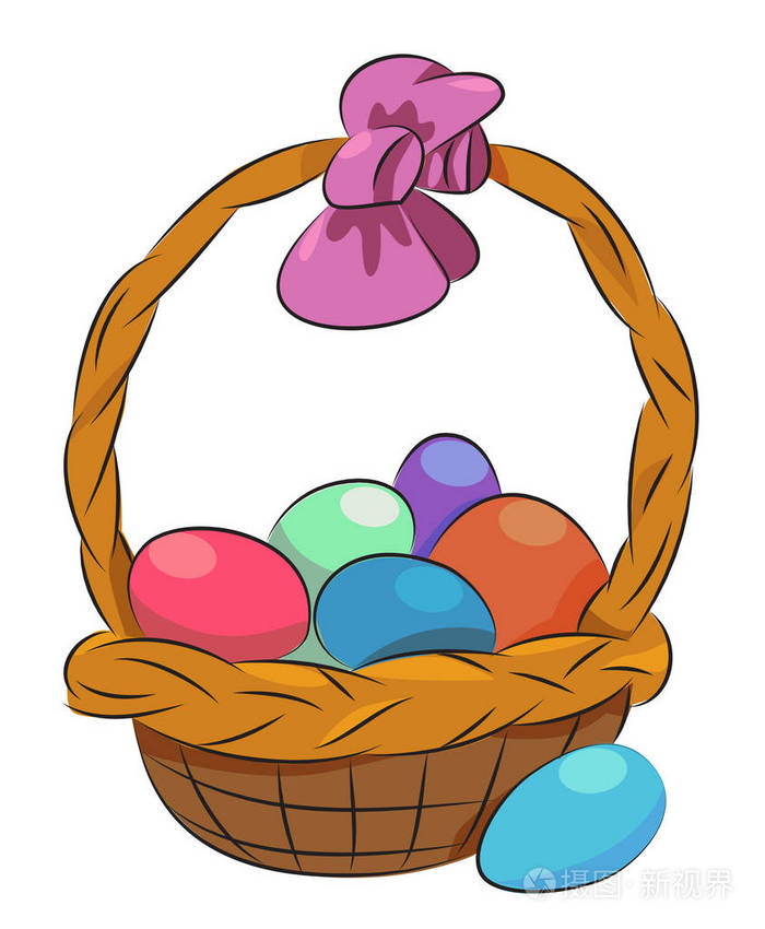 卡通形象的篮子与复活节彩蛋图标.复活节的象征