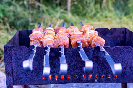 野餐时在烤肉串上烤猪肉