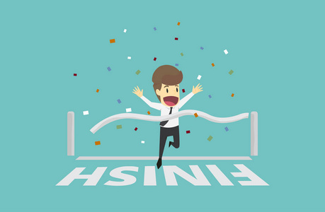 跑过终点线的商人.成功概念业务年轻卡通幸福是人性格.