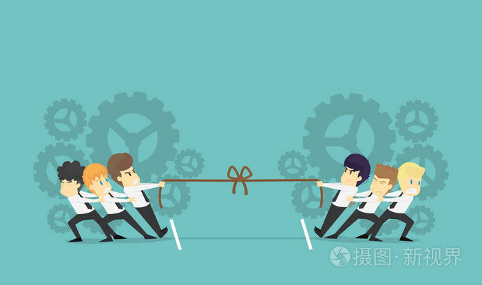团队合作商人在拉锯战中的战斗.商业年轻卡通的成功理念是人性格.
