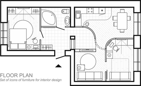 房子的建筑平面图。在绘图视图中家具的公寓顶视图的布局。与浴室客厅和卧室。室内设计项目。矢量建筑图标