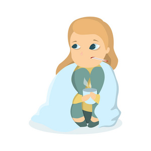 生病的小女孩裹在毯子插画