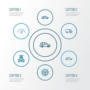 汽车大纲图标设置。旅行车 天文钟 船舵和其他元素的集合。此外包括例如计数器，交叉，驱动器符号