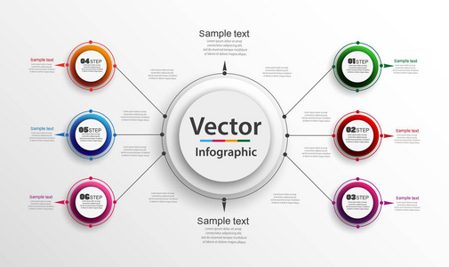 业务数据可视化。图 图 6 步骤 选项 零部件或过程的抽象元素。步骤图表用彩色圆圈。矢量 eps10 业务模板的演示文稿