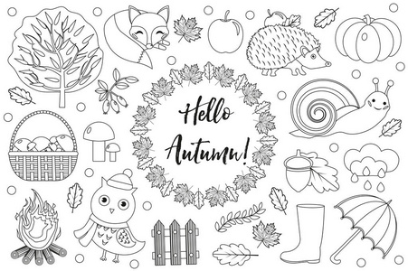 你好，秋天图标集的素描 手绘图 涂鸦风格。集合设计元素与树叶 树 蘑菇 南瓜 野生动物 伞和靴子。矢量图