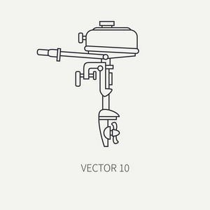 线平面矢量费舍尔和露营图标舷外马达。渔夫设备。复古卡通风格。假日旅行。纺纱.湖.船.性质.插图和元素为您的设计和墙纸