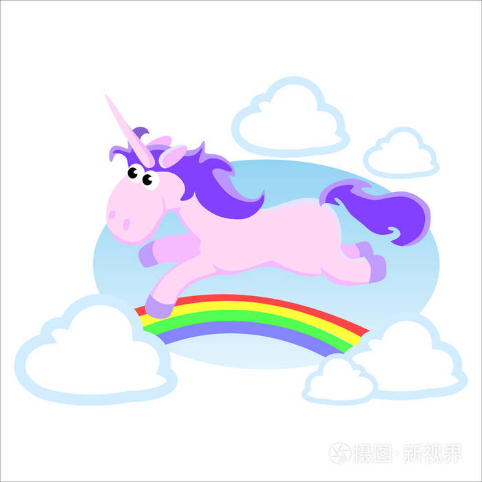 可爱的独角兽隔离设置, 神奇飞马座飞行角与荣彩虹, 幻想马矢量插图