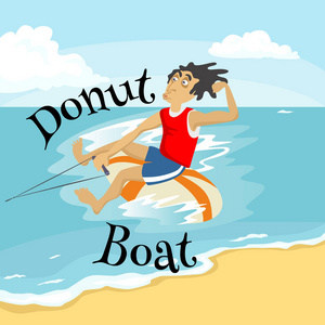 充气船艇香蕉船水极限运动，隔离夏天度假活动概念，卡通波冲浪，海海滩矢量插图，积极的生活方式冒险的设计元素