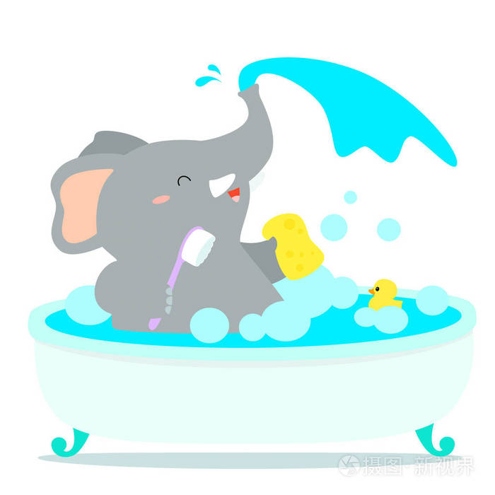 快乐大象卡通洗澡盆浴矢量插画-正版商用图片0yygue-摄图新视界