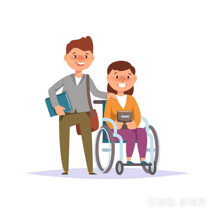 矢量图的伤残孩子女孩学生儿童轮椅与教科书和孤立的小工具.卡通风格