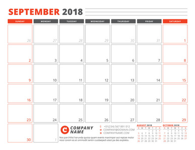 2018 年 9 月的日历计划模板。业务计划模板。文具设计。周从星期日开始。在页面上的 3 个月。矢量图