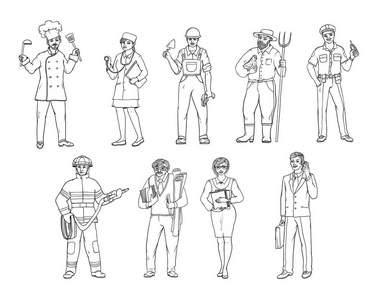 各行各业工作服和手中的工具的人.矢量黑白素描的现实的例证.