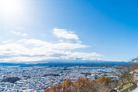 河口湖城市天际线与雪图片