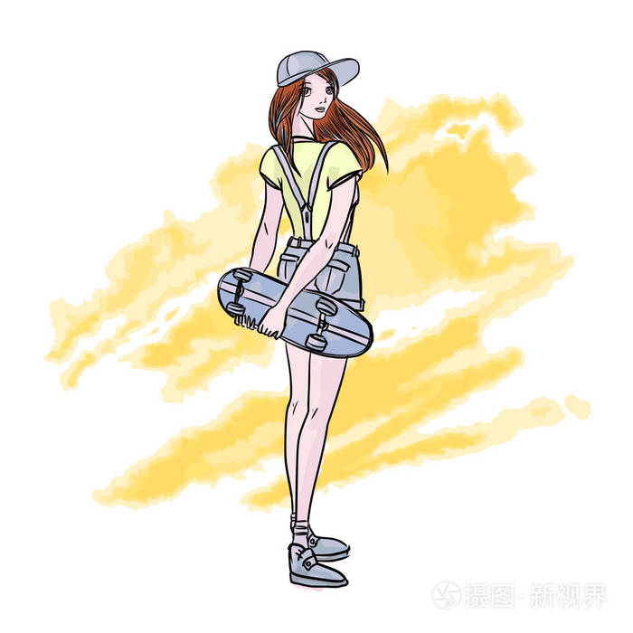 可爱的年轻女孩与滑板.城市的极端体育,积极的生活方式.