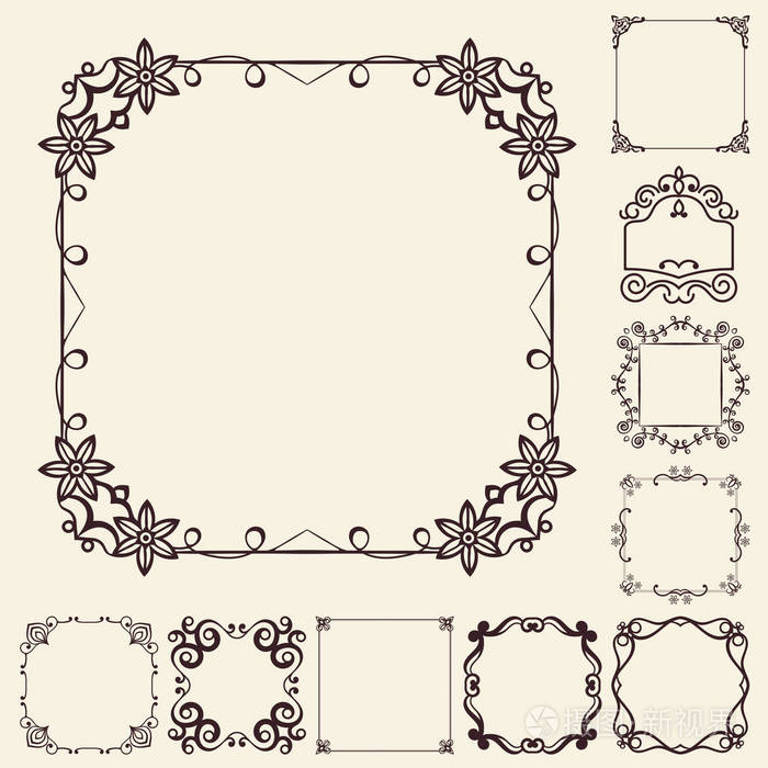 矢量装饰元素的设计框架模板设置细花边框花边装饰高雅艺术的生日和