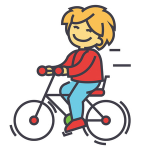 自行车，男孩骑，儿童活动，玩概念。线矢量图标。可编辑的中风。孤立在白色背景上的扁线形图