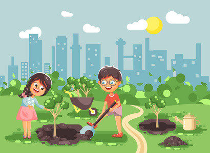 矢量图卡通人物的儿童男孩和女孩在挖洞地面的树浇水水从极客，照顾平面样式生态城市园林苗木种植