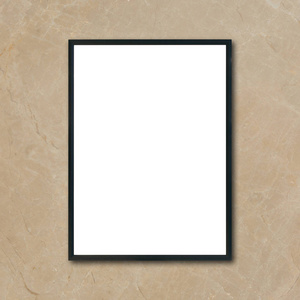 小样在房间里的棕色大理石墙上挂着的空白海报图片框架   可以使用的样机蒙太奇产品显示和设计关键的视觉布局