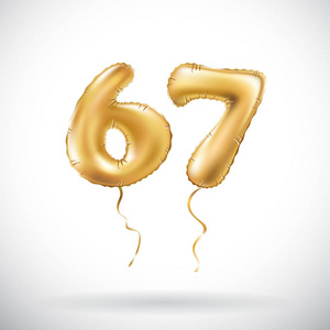 矢量金色数 67 六十七金属气球。党的装饰金色气球。节日快乐，生日，嘉年华，庆祝新的一年的周年纪念标志
