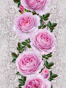垂直的花卉边框。模式，无缝。旧样式。微妙的粉红色的玫瑰花，芽的花花环。银闪亮镂空卷发 花边 柔和的马赛克，编织
