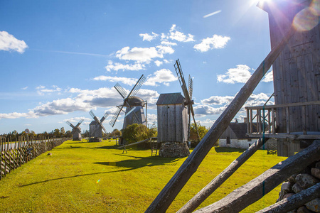 传统的 Saaremaa 岛，爱沙尼亚的木制风车。秋日阳光