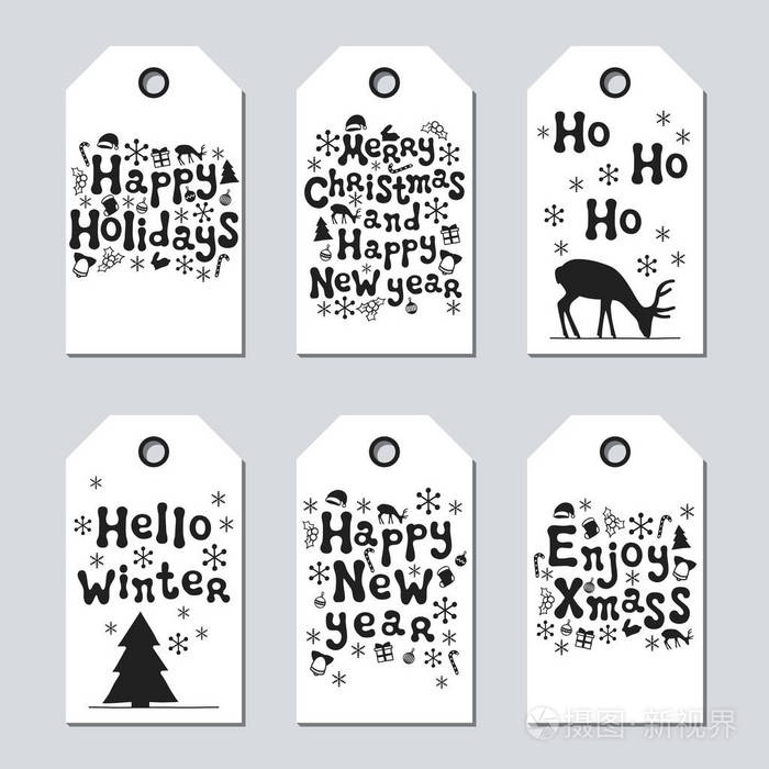 圣诞节和新年的礼物标签。卡圣诞套。手工绘制的元素。黑色和白色假日纸标签的集合。季节性的徽章销售设计。纹理。打印。矢量图。刻字