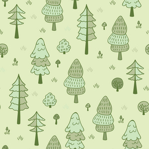森林树木无缝矢量模式。手与松树 草地 灌木和蘑菇在涂鸦风格绘制的背景。植物设计中颜色的绿色和米色的纹理