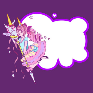 可爱的独角兽，女孩，星星和云紫色背景上的窗体中的帧。可爱的魔法独角兽和女孩
